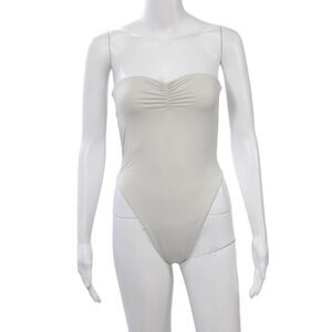 Designer Women One Piece Swimsuit Beige Nylon Solid Beach Size M